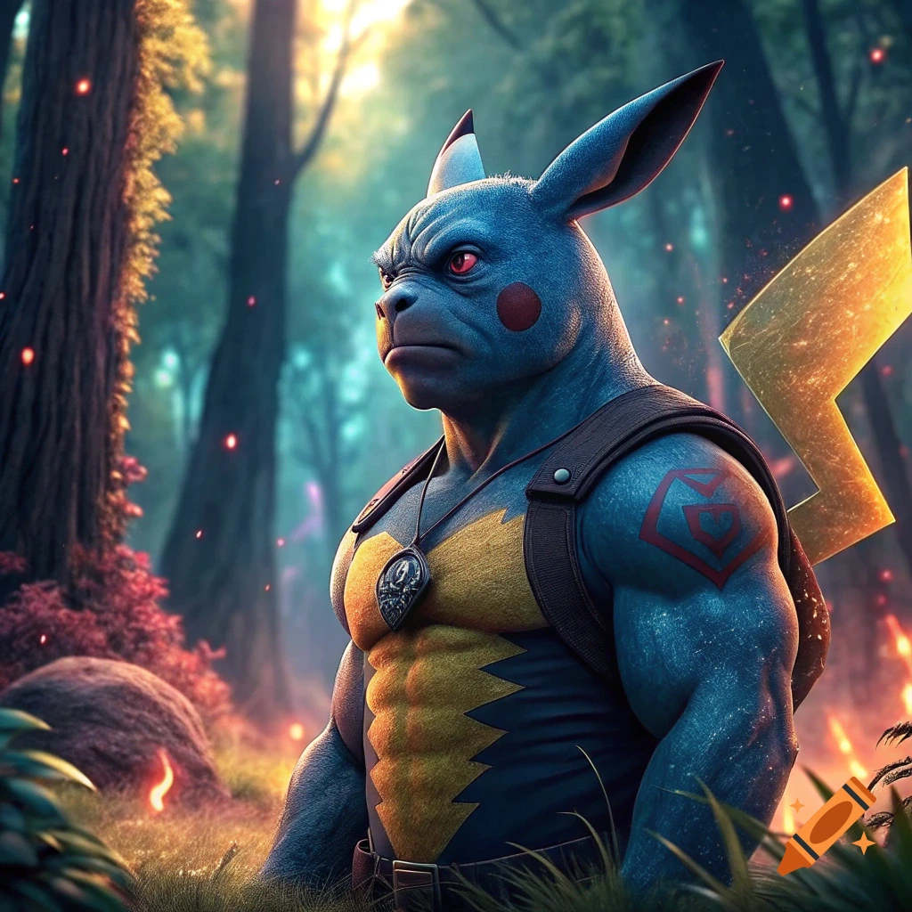 Muscular blue creature resembling a tough Pikachu in a forest setting.