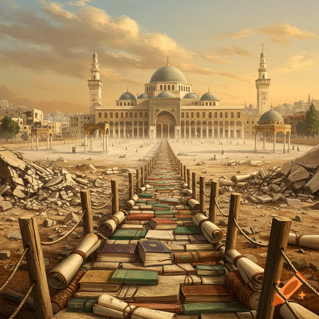 Painting of a bridge made of books and scrolls leading from destruction towards a grand mosque under a cloudy sky.