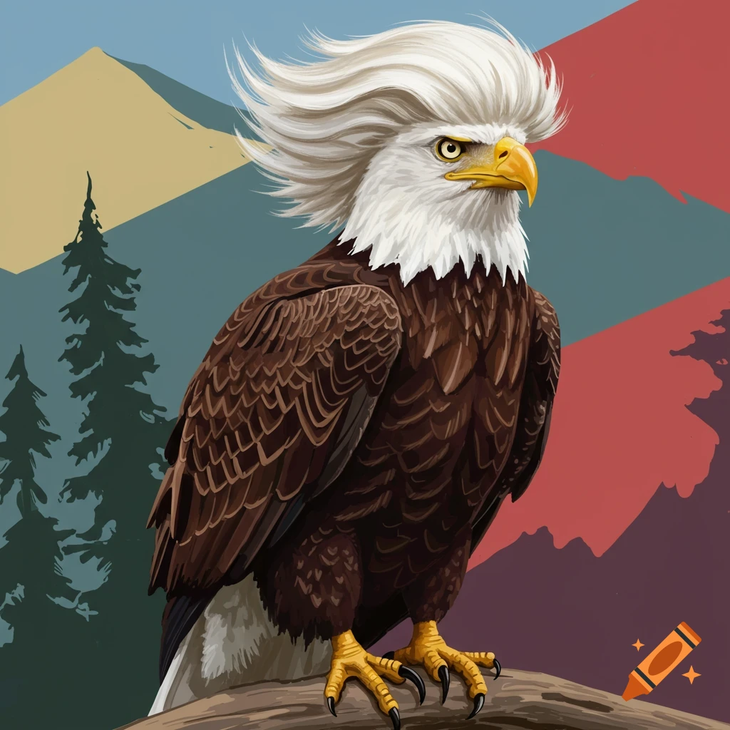 An image of a bald eagle with a mullet sitting on a branch against mountains.