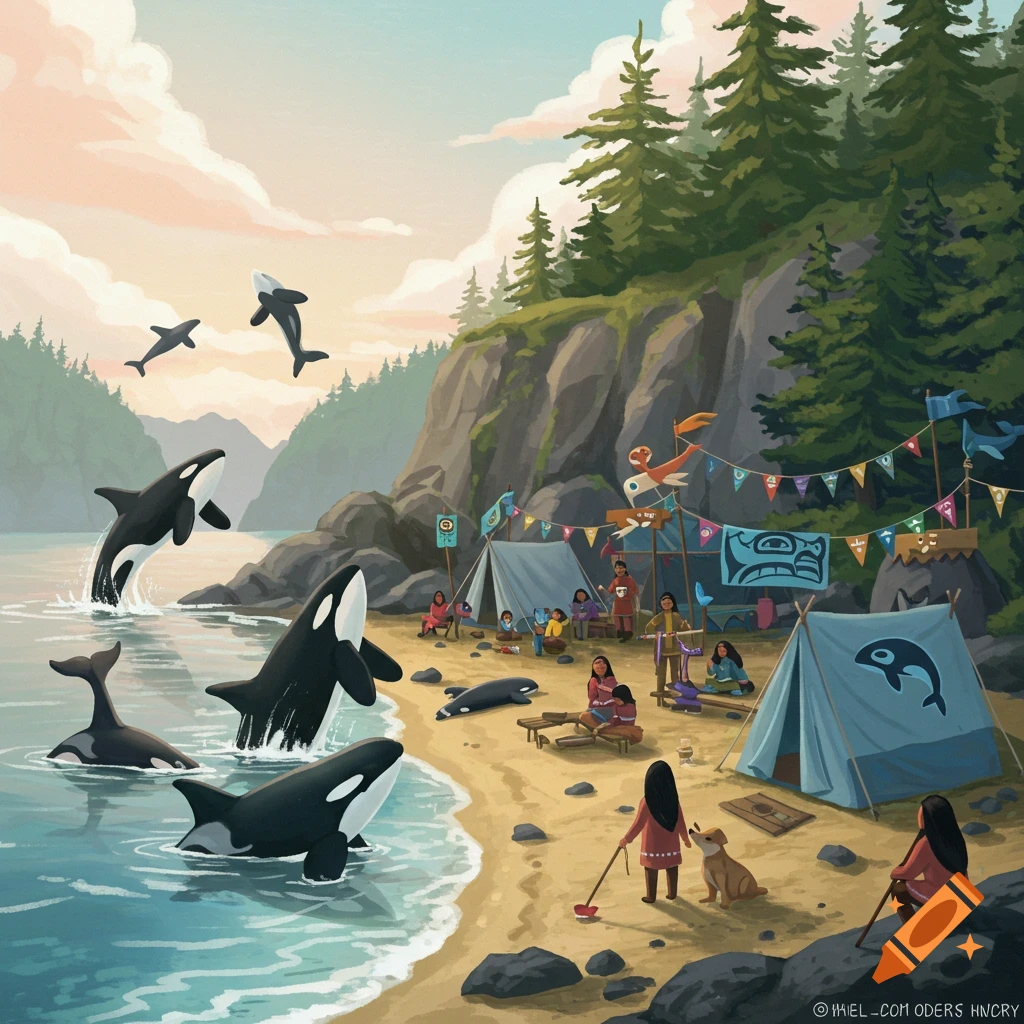 A camp on a beach with people and orcas swimming and jumping.