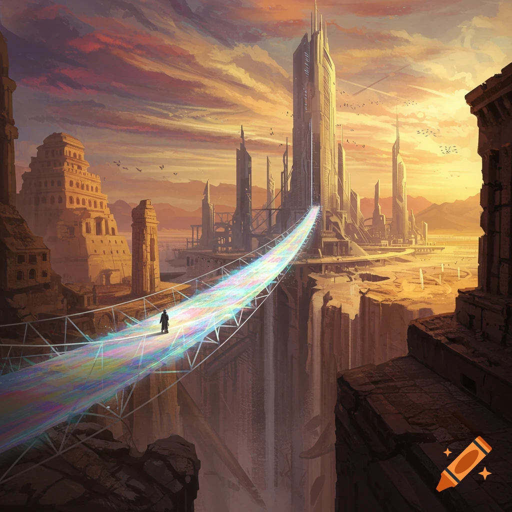 A figure stands on a glowing bridge connecting futuristic skyscrapers to ancient ruins over a chasm at sunset.