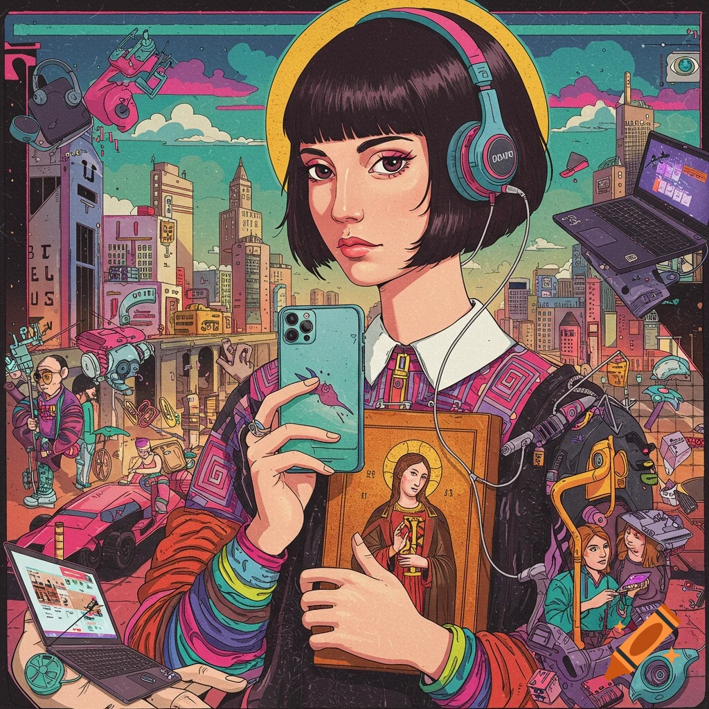 Illustration of a person with headphones holding a phone and religious icon in a vibrant, futuristic cityscape.