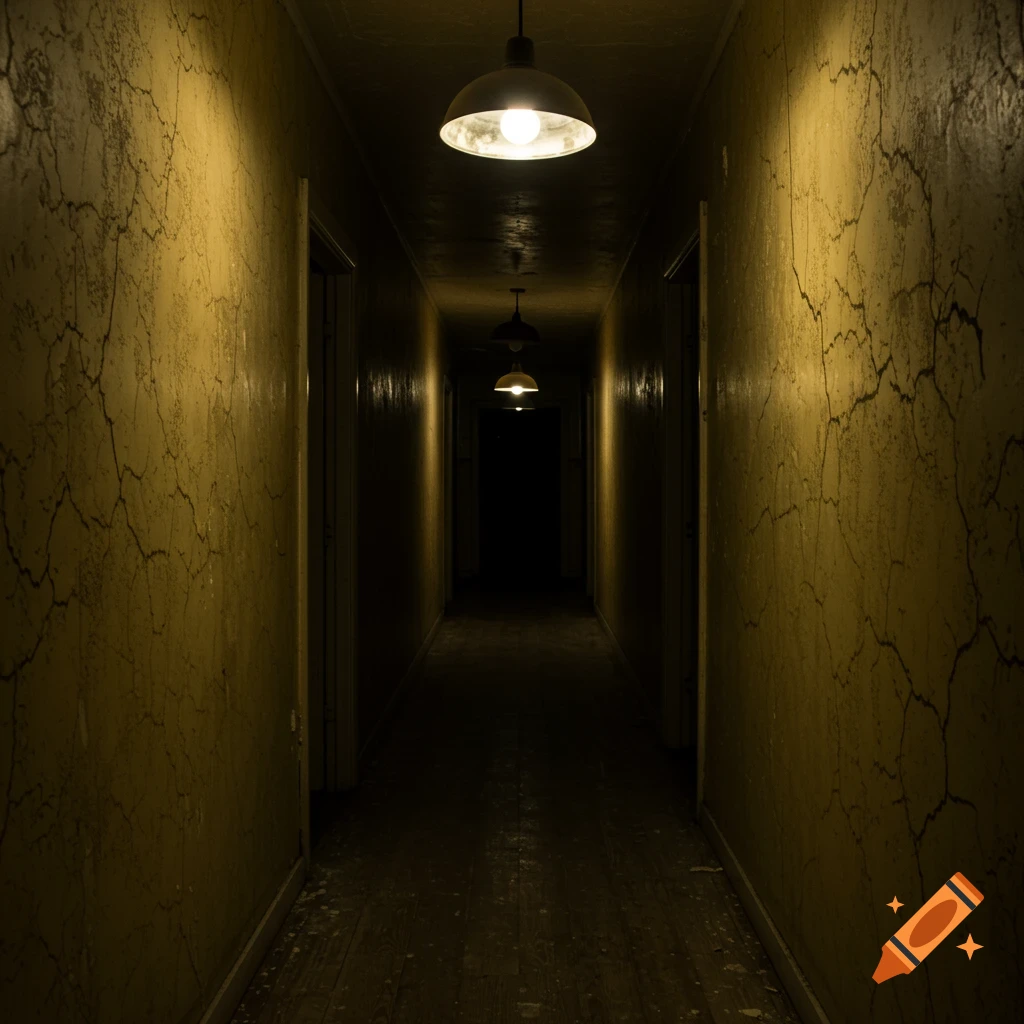 A dark, dimly lit hallway with cracked walls and lights receding into the distance, appearing photorealistic.