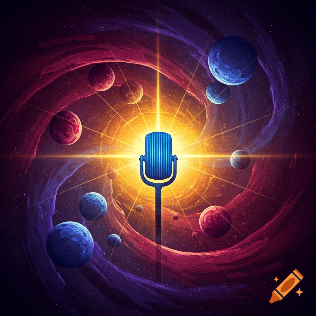 A vintage microphone is in space, surrounded by planets and swirling cosmic colors