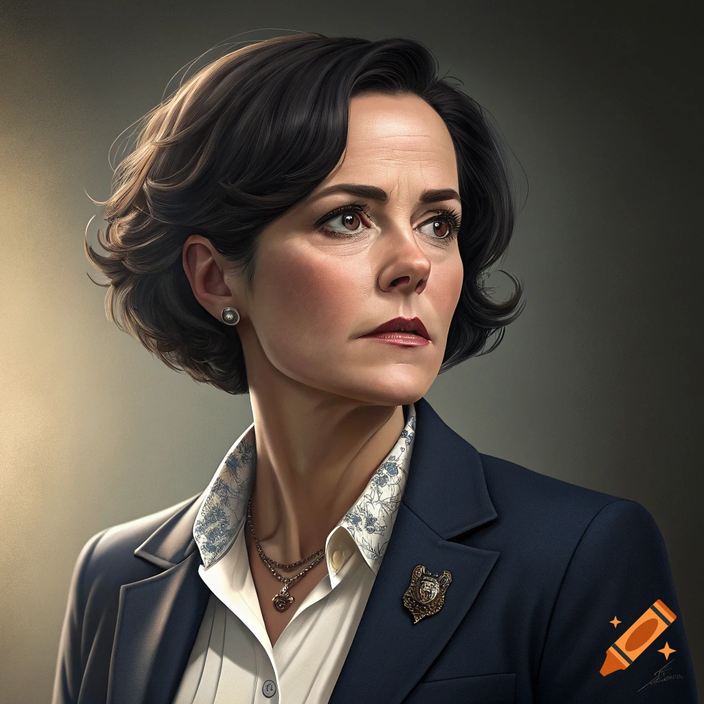 Portrait of a woman in a dark suit and patterned shirt, looking away.