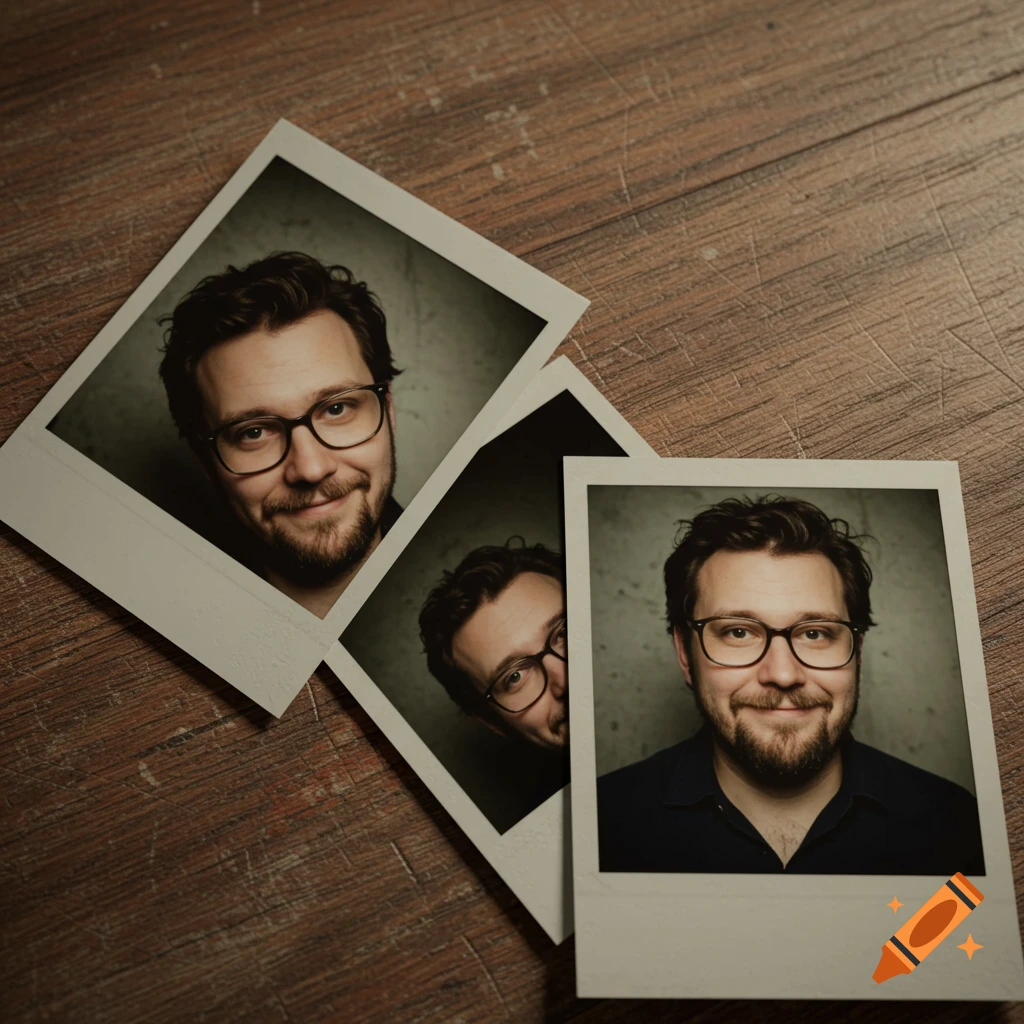 Three polaroid photos of a smiling man with glasses on a wooden table