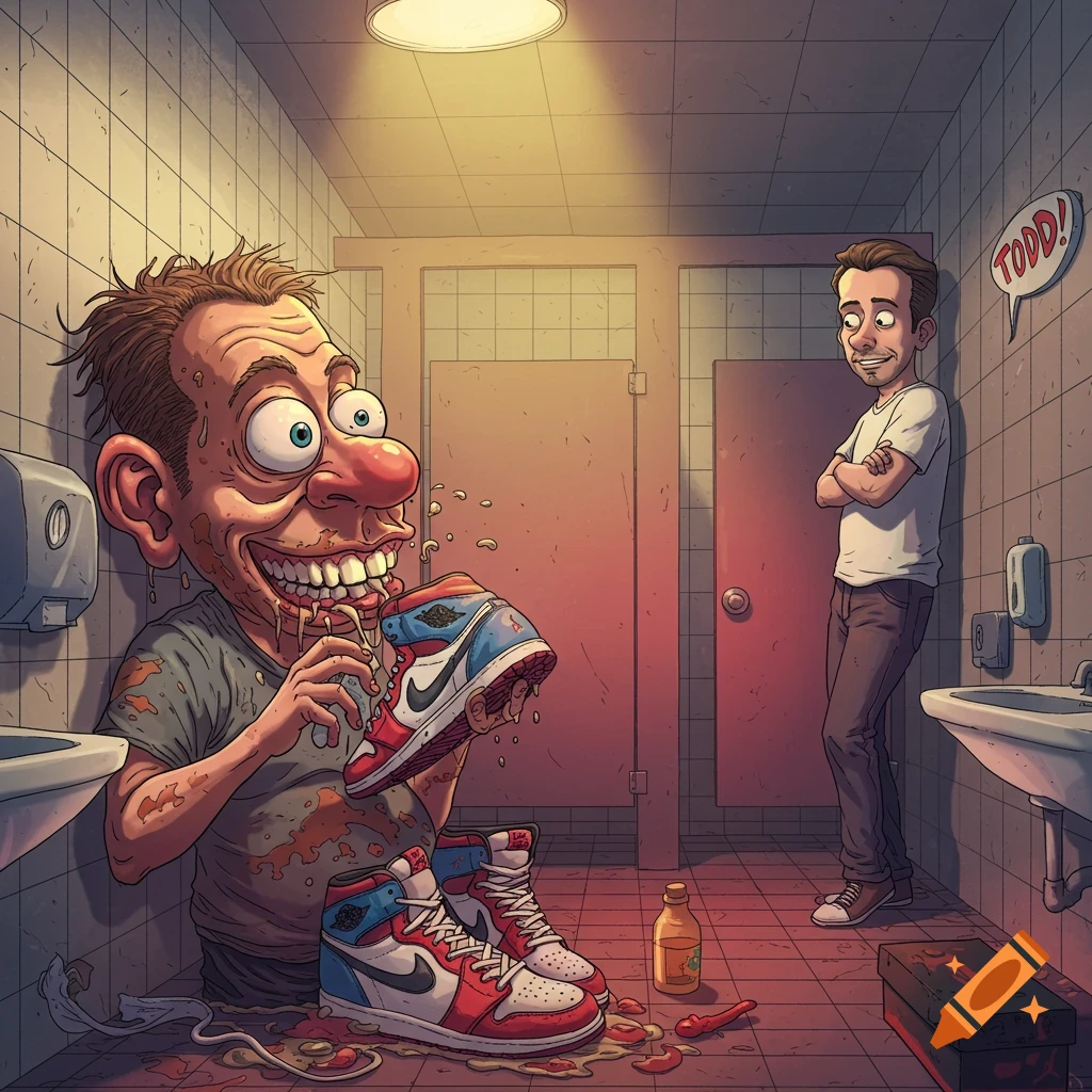 Cartoon man eating a sneaker in a public bathroom while another man watches, text 'TODD!'
