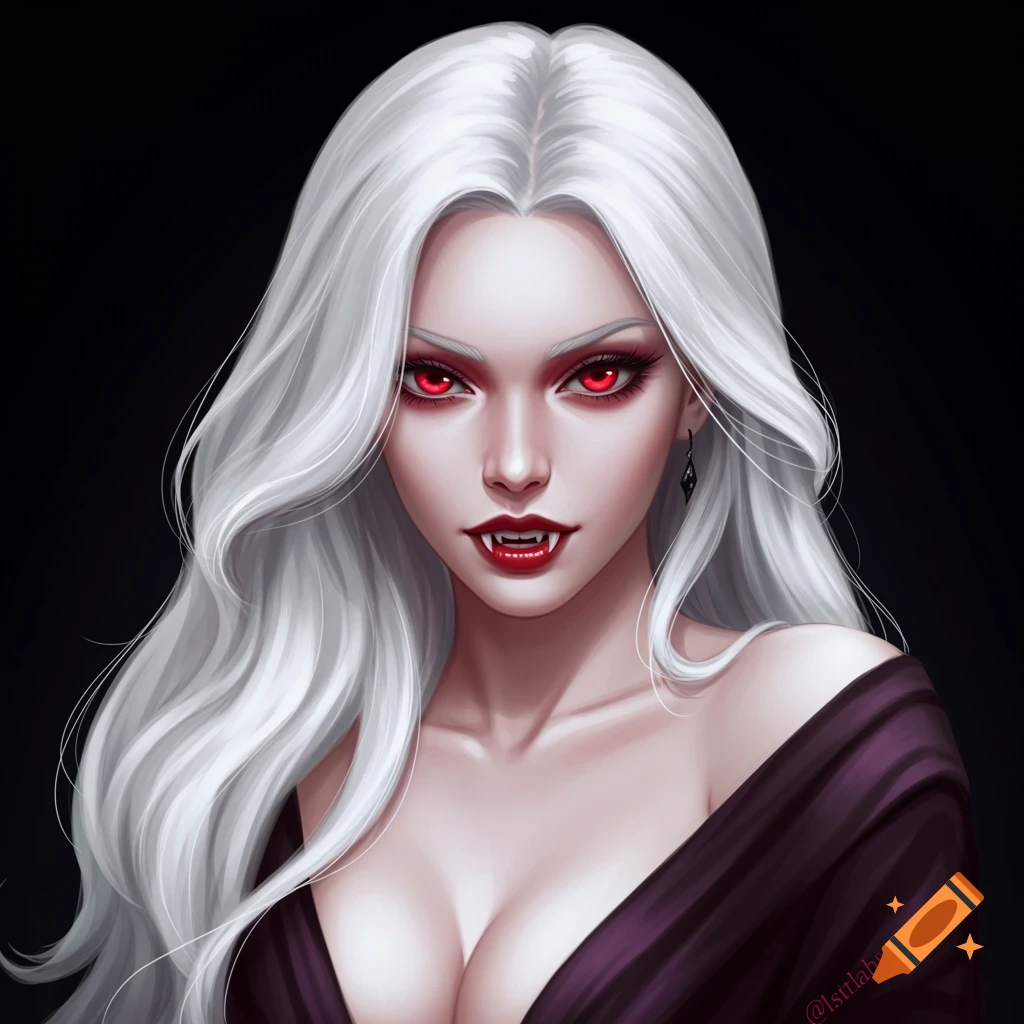 A woman with white hair, red eyes, and fangs.