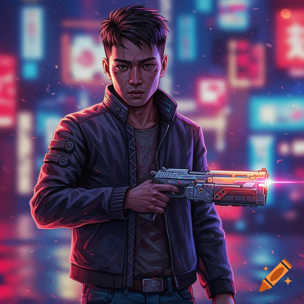 Image of a young man in a cyberpunk city holding a futuristic pistol.
