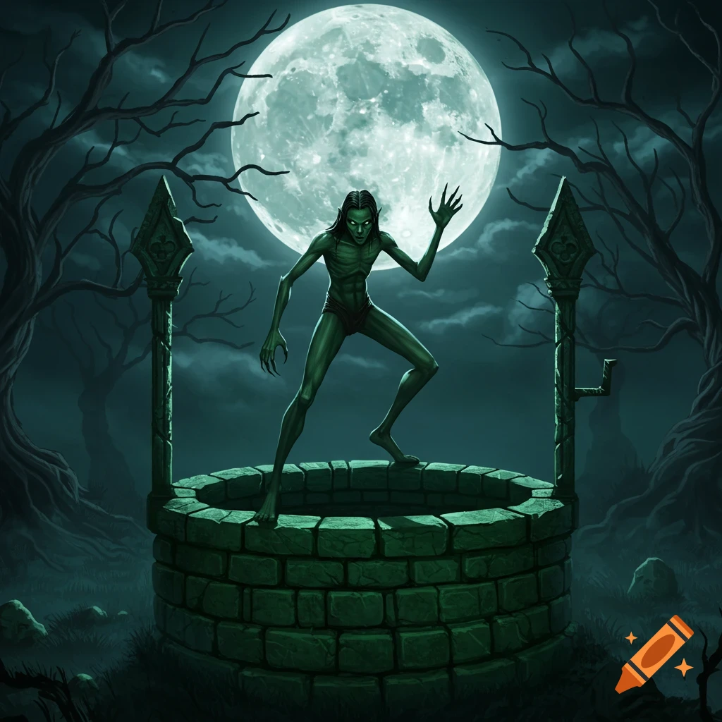 A green-skinned creature sits on a well under a large full moon in a gothic forest.