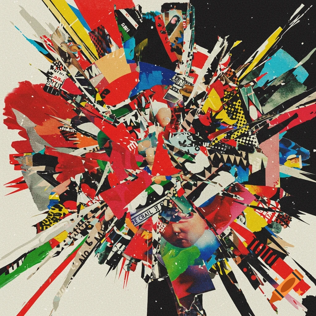 Abstract collage explosion with vibrant colors and fragmented text on a split white and black background.