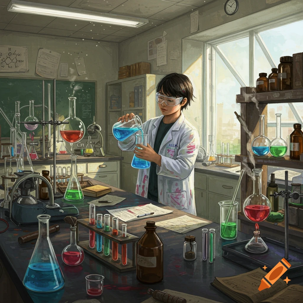 a person wearing a lab coat and goggles, pouring a blue liquid in a chemistry lab filled with flasks, test tubes, and equipment.