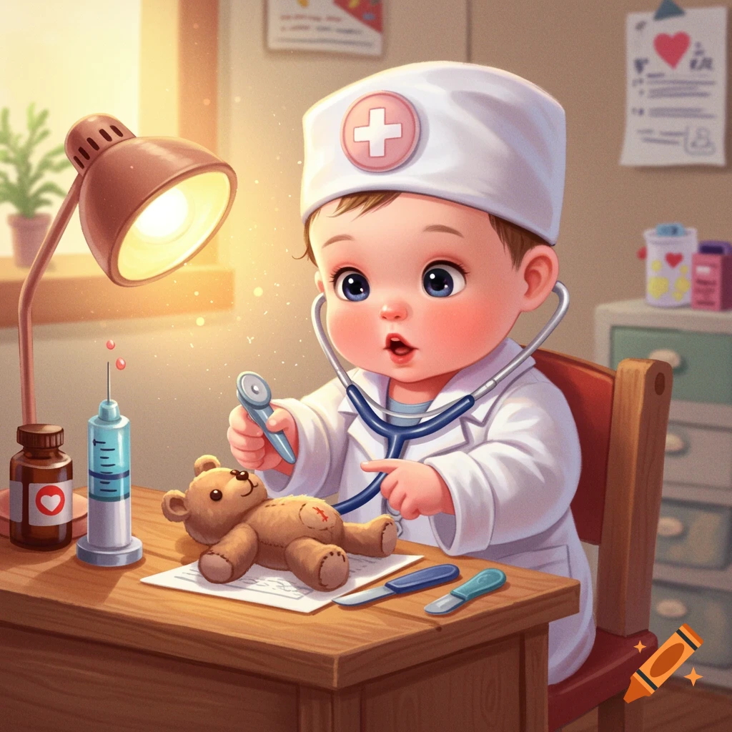 A cherubic baby in a doctor's coat examines a teddy bear with a stethoscope, in a whimsical setting.