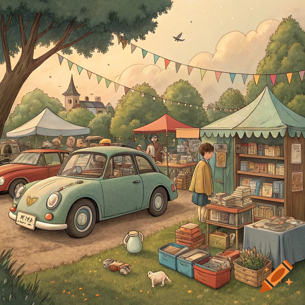 A girl looks at books at a market stall with cars parked nearby, in Studio Ghibli style.