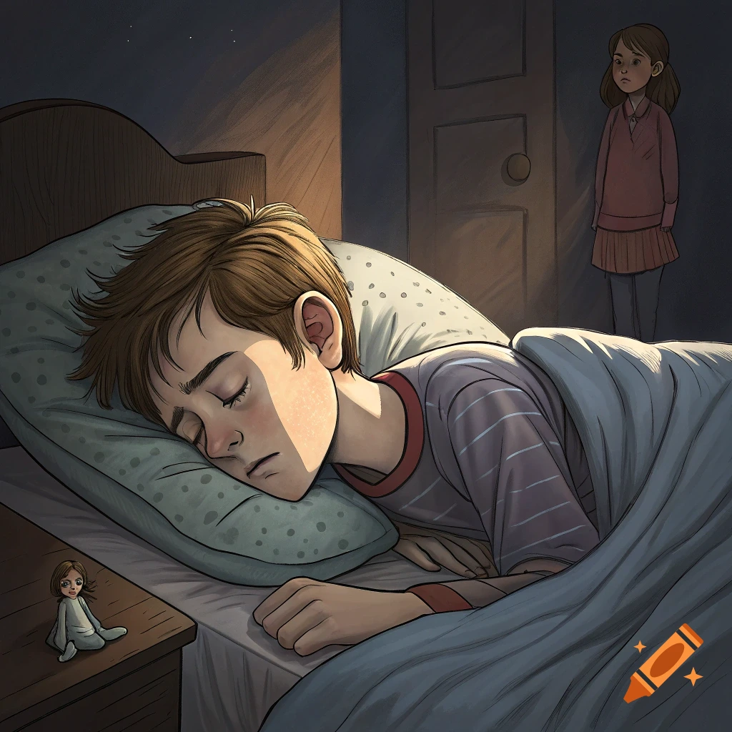 Illustration of a boy sleeping in bed while a girl stands in the doorway.