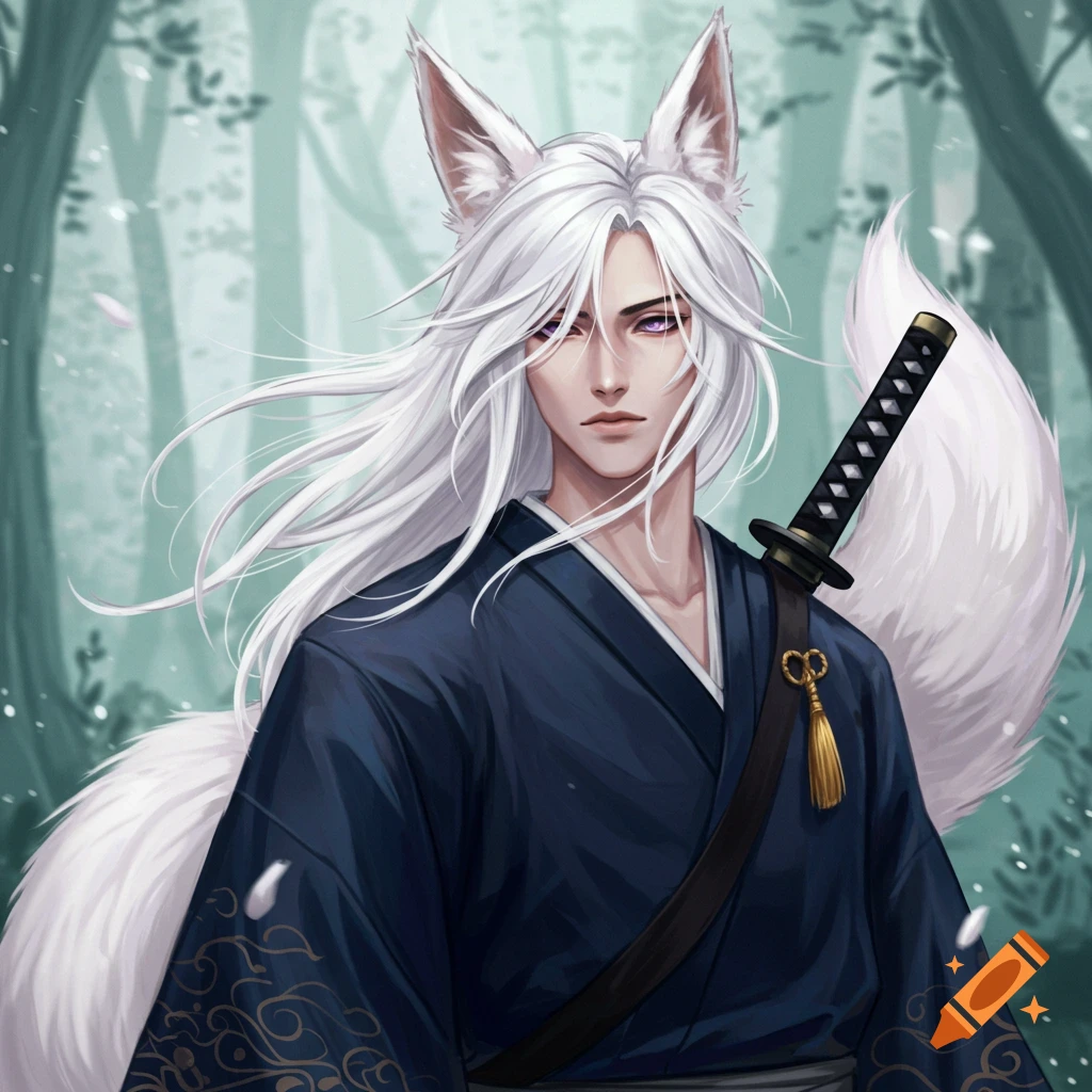 Anime male character with white fox ears and tail, pale purple eyes, wearing a dark blue kimono, carrying a sword, standing in a forest.
