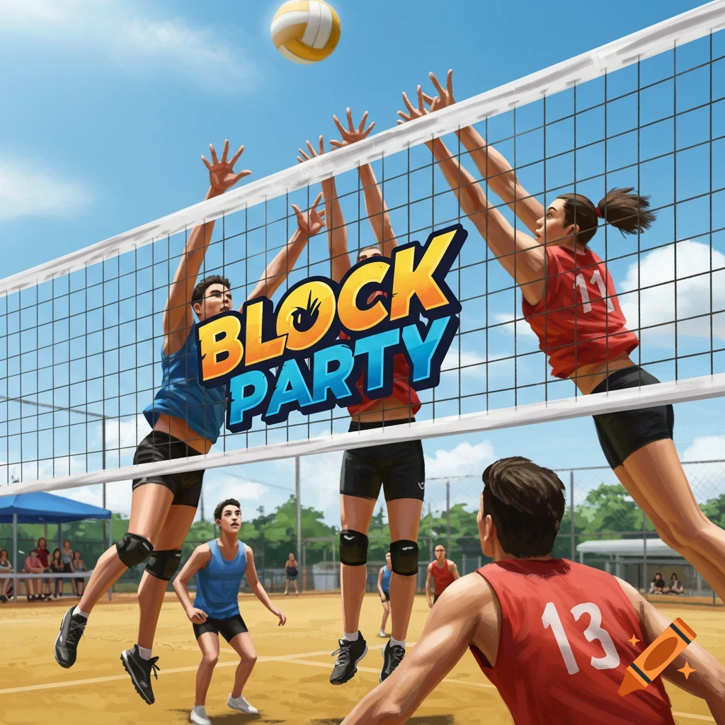 Image of a volleyball game with players jumping at the net and a 'Block Party' logo.