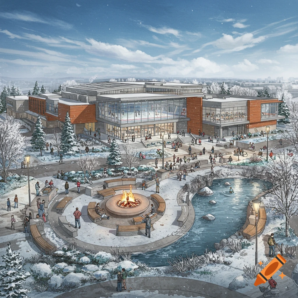 A modern university building overlooks a winter park with a fire pit, pond, and people.