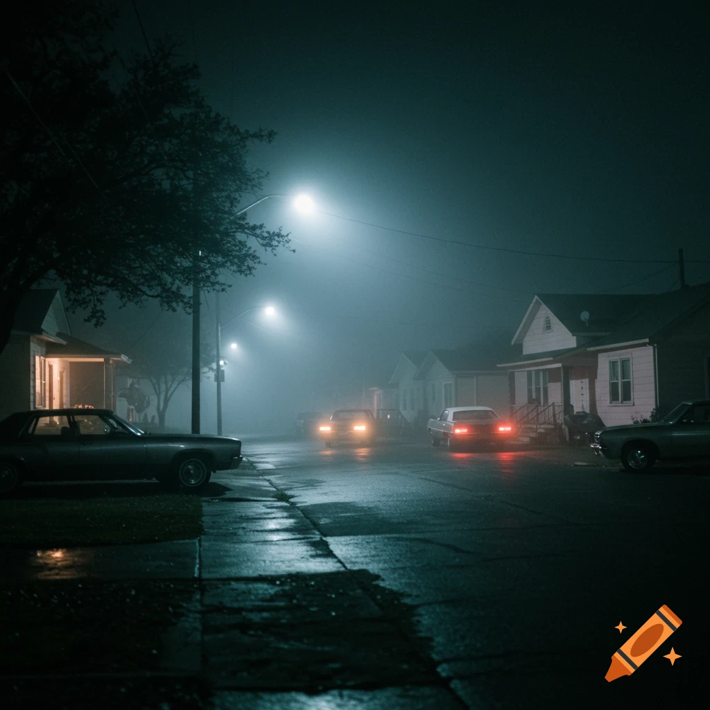 Foggy night street scene with classic cars parked and driving, houses, and streetlights on wet pavement.
