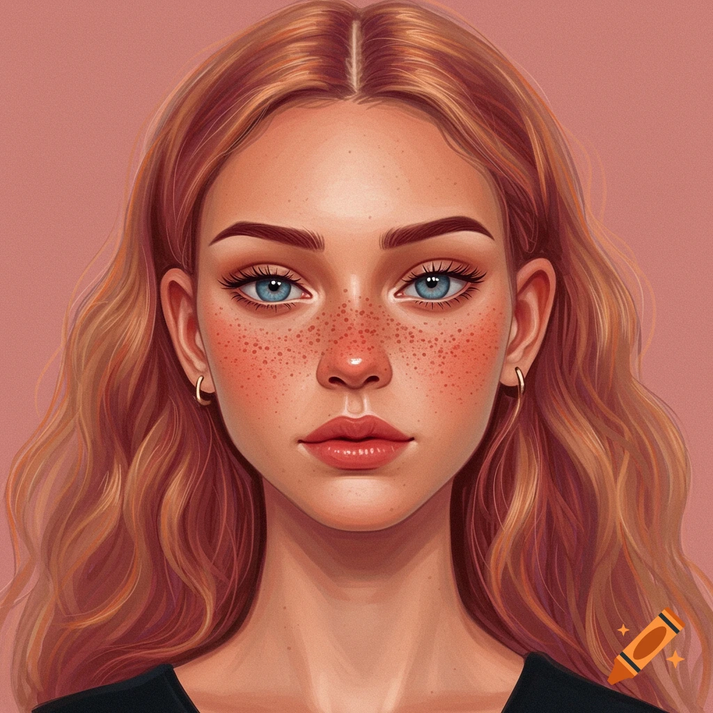 Portrait of a woman with freckles, blue eyes, and strawberry blonde hair.