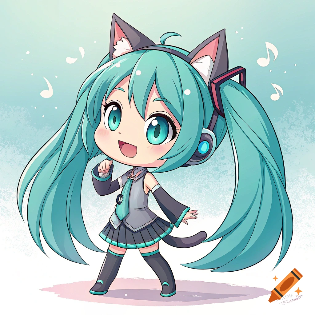 Chibi anime girl with teal twin tails, cat ears, and headphones, wearing a grey and black outfit, smiling.