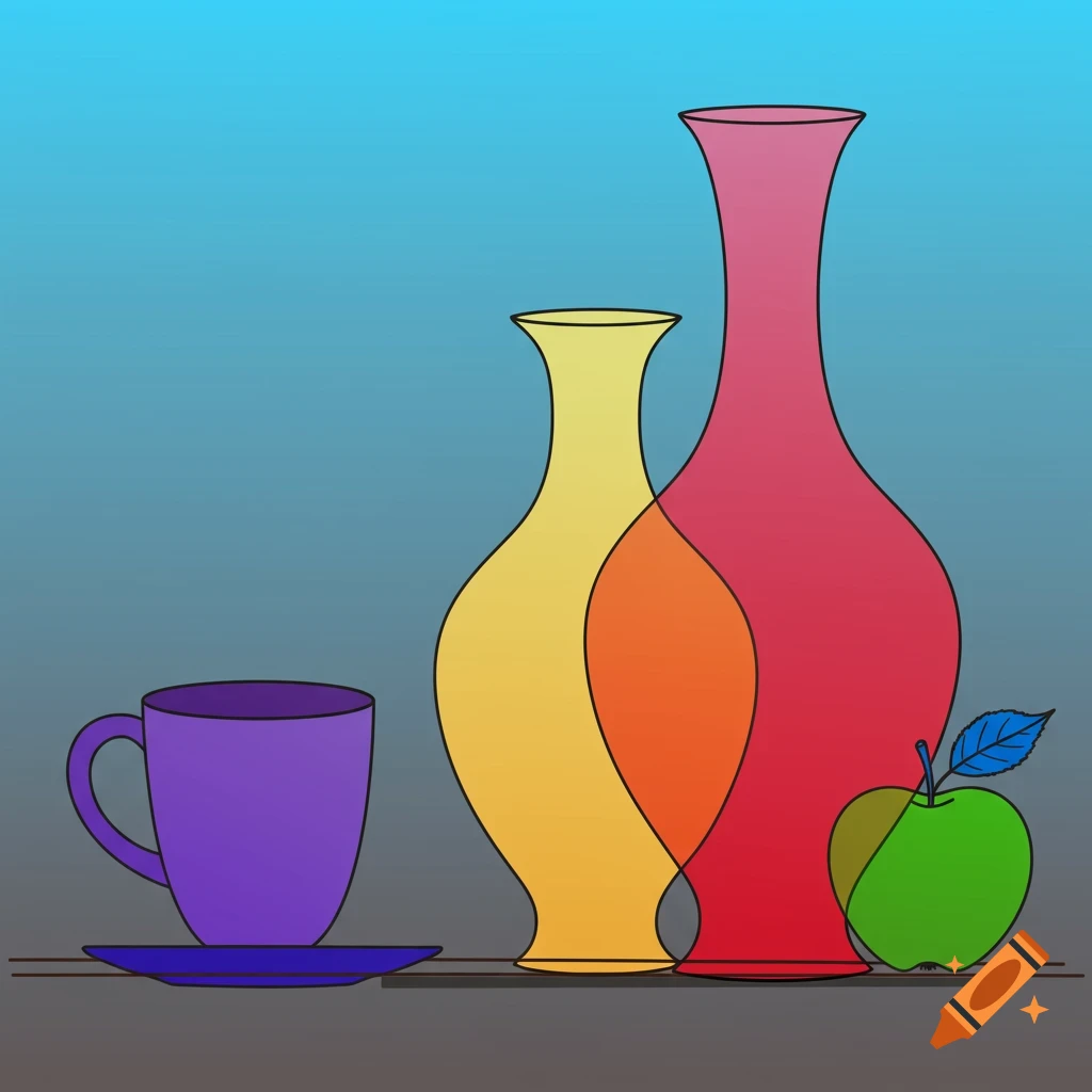 A stylized illustration of a purple cup, two colorful vases, and a green apple on a surface.