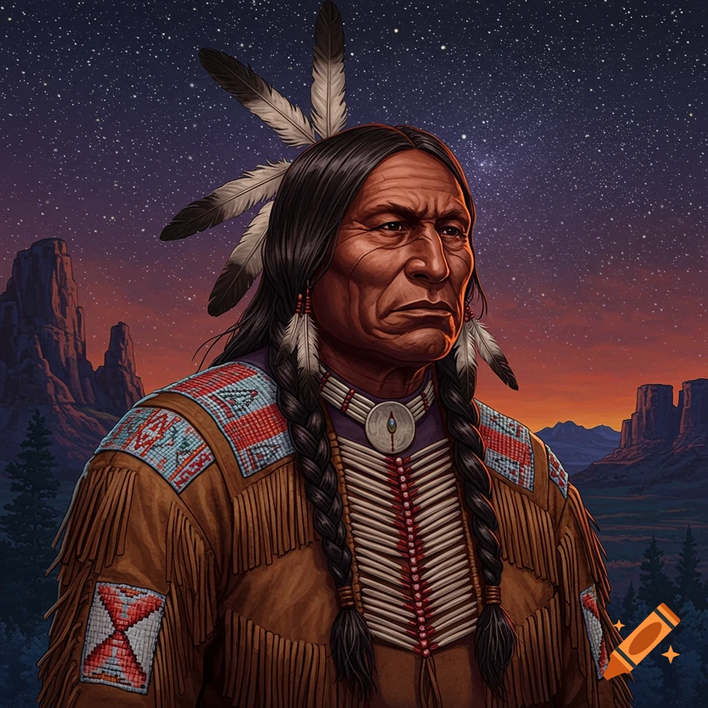 Portrait of a Native American man in traditional clothing with feathers, against a starry desert landscape.