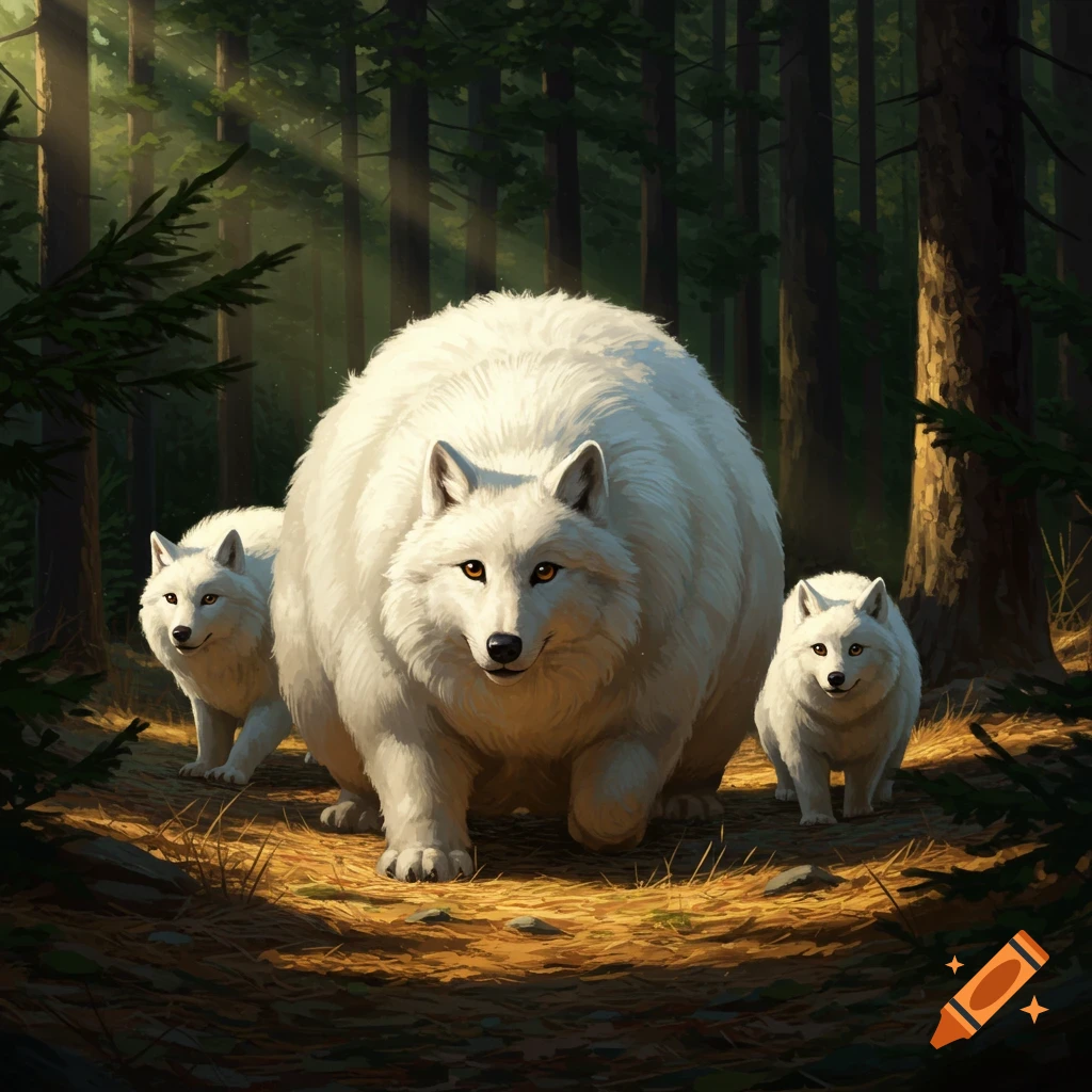 Three very fat white wolves stand in a sunlit forest.
