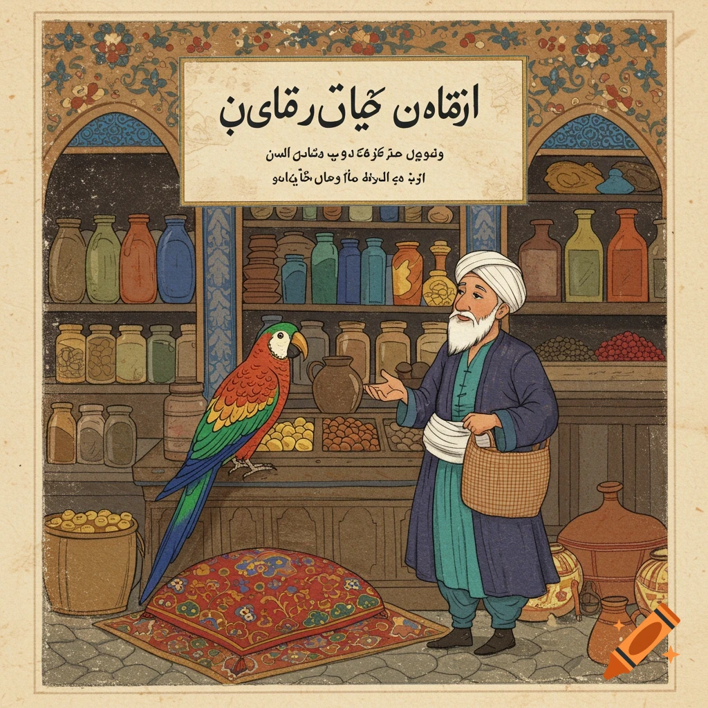 Persian illustration of a man in a shop with a colorful parrot on a counter.
