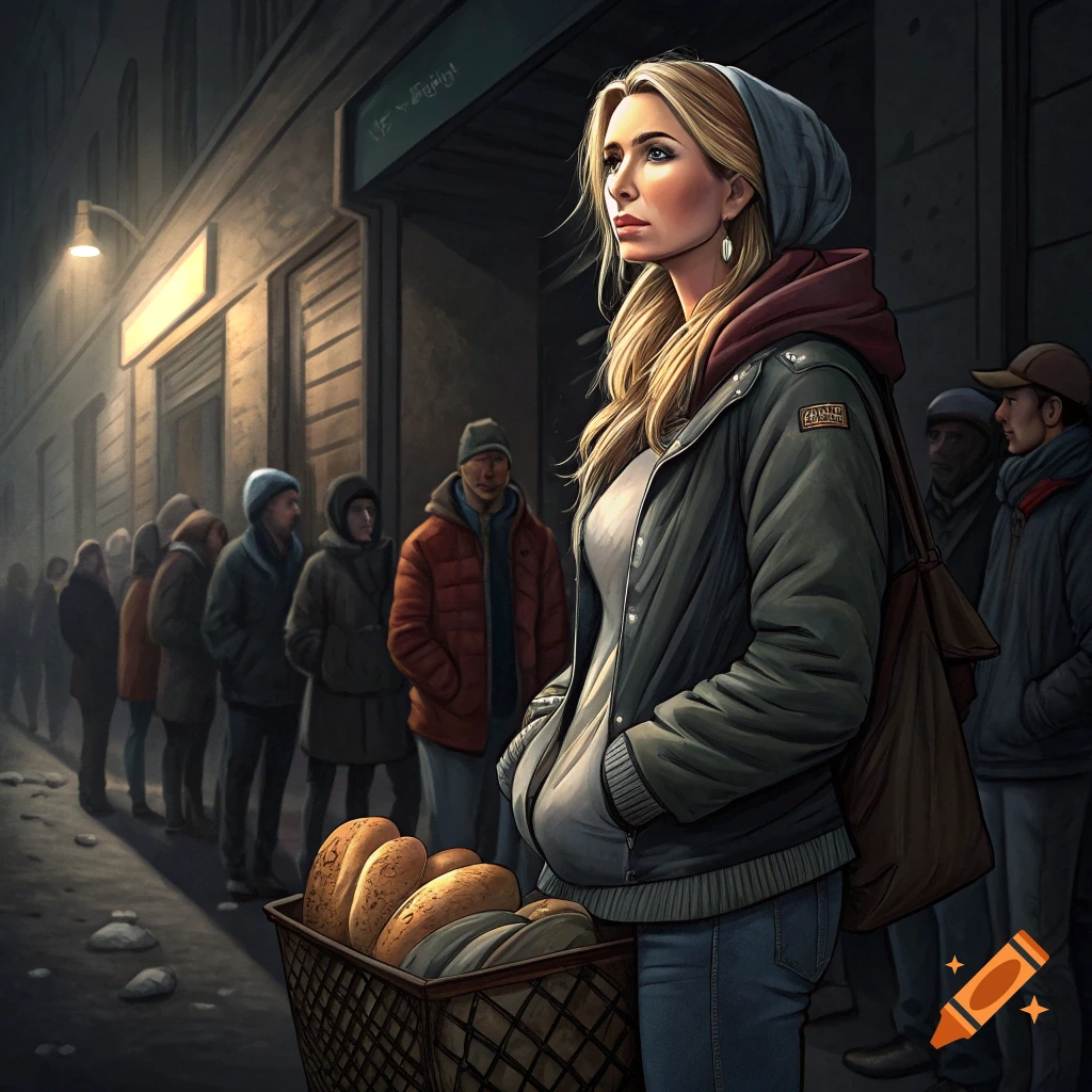 A woman with bread stands in line on a dark street with other people.