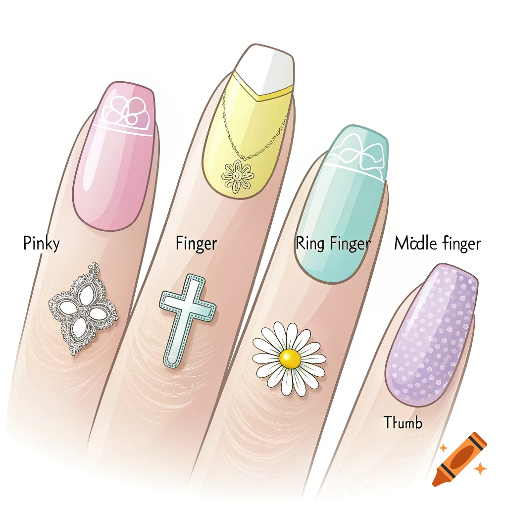 An illustration of a hand showing different nail designs and charms on each finger.
