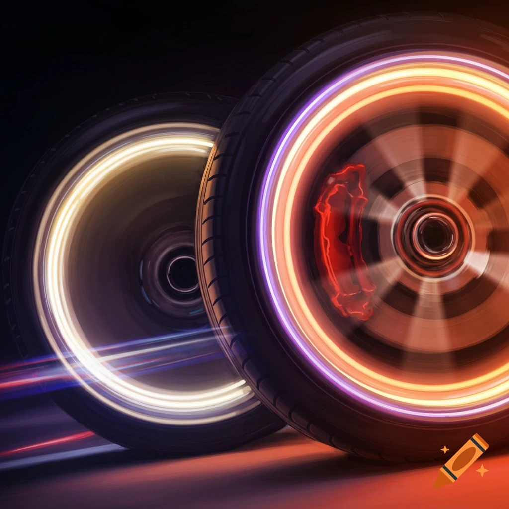 Two spinning car wheels with light trails