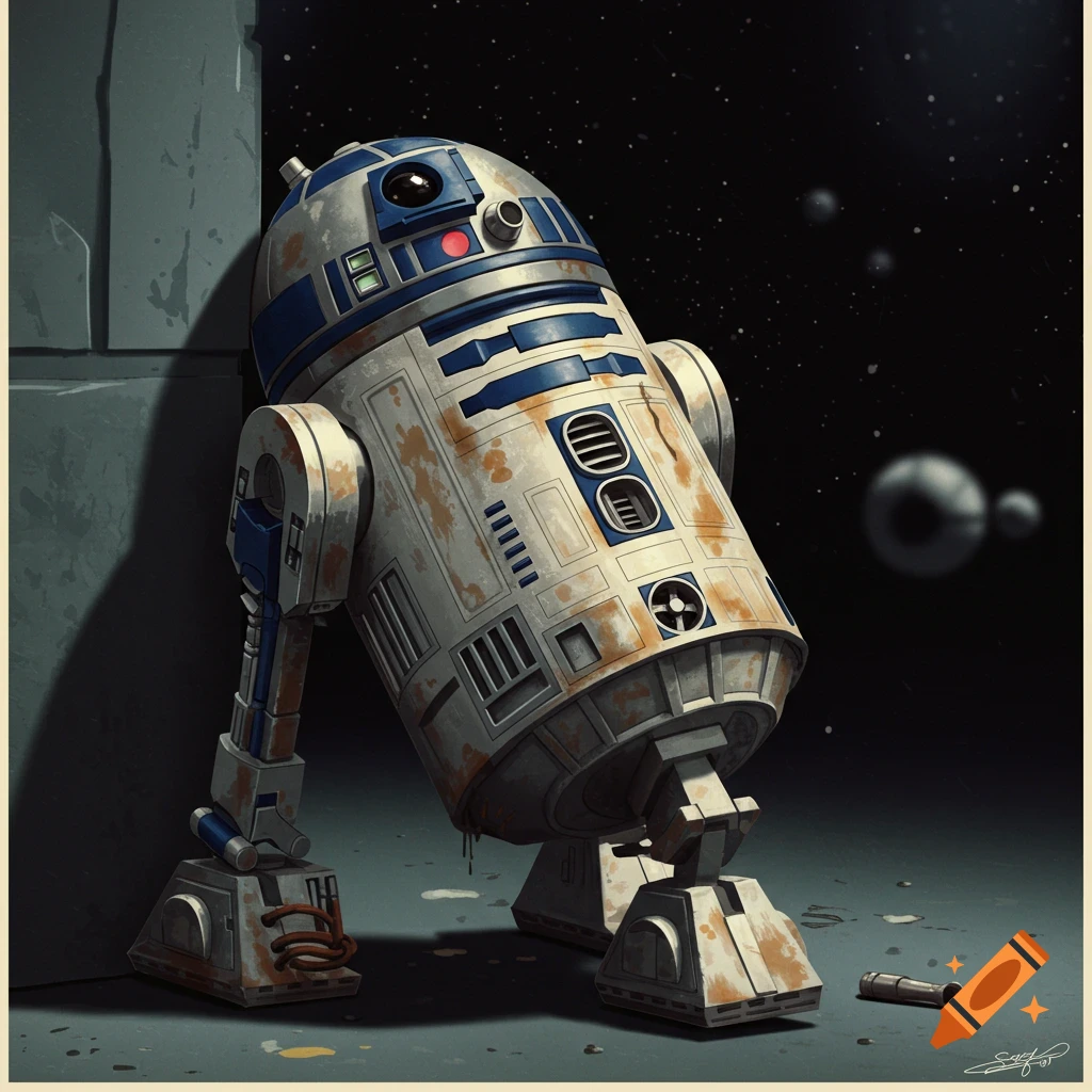 A rusty droid similar to R2-D2 leaning against a wall under a starry sky.