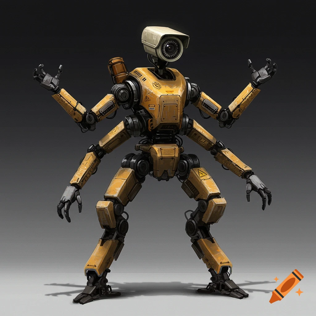 A yellow, dented six-armed robot with a security camera for a head.