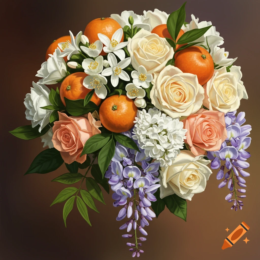 A bouquet of white and pink roses, jasmine, wisteria, and oranges.