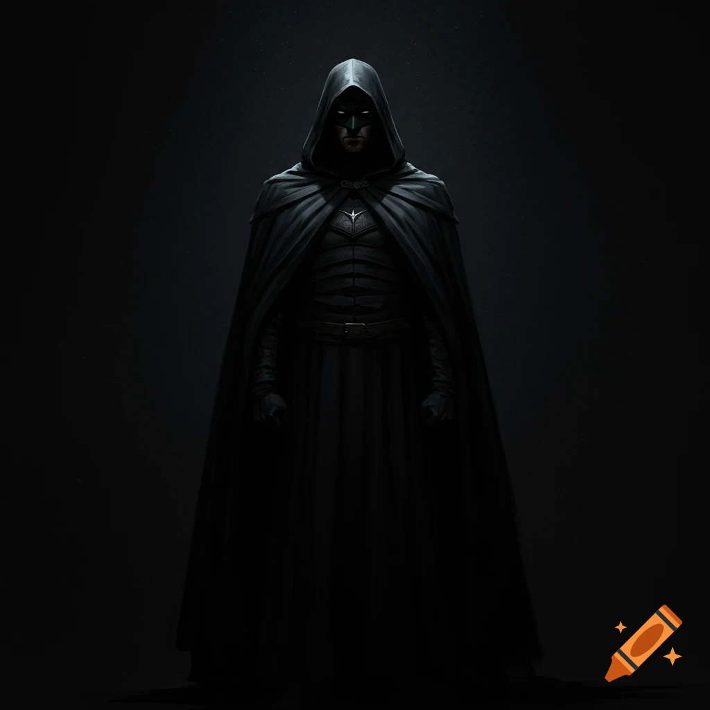 A dark figure in a black cape, hood, and mask.