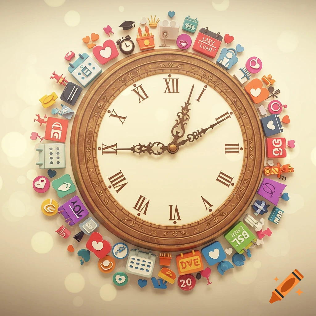 Clock surrounded by colorful event and celebration icons.