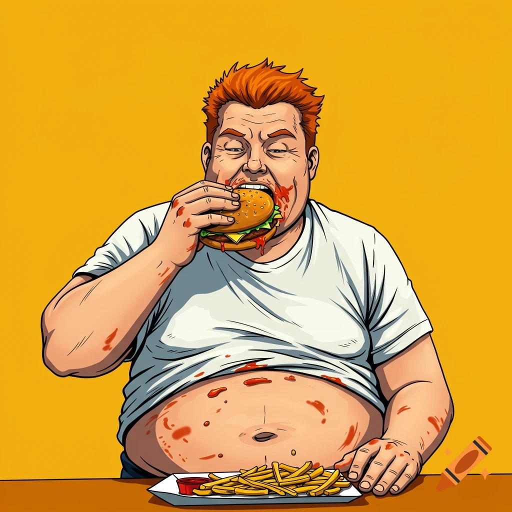An overweight man with red hair is messily eating a large hamburger with fries and ketchup.