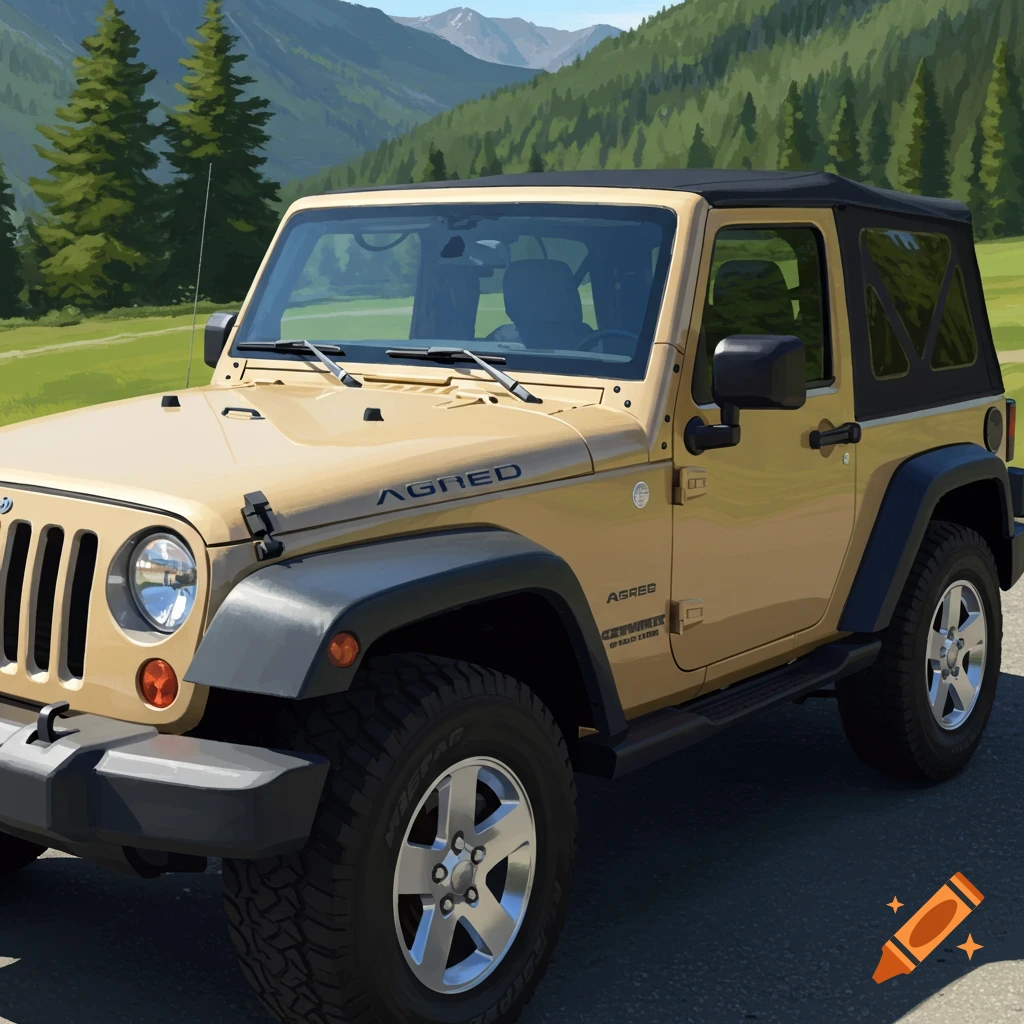 Image of a tan Jeep Wrangler on a road with mountains and trees in the background.