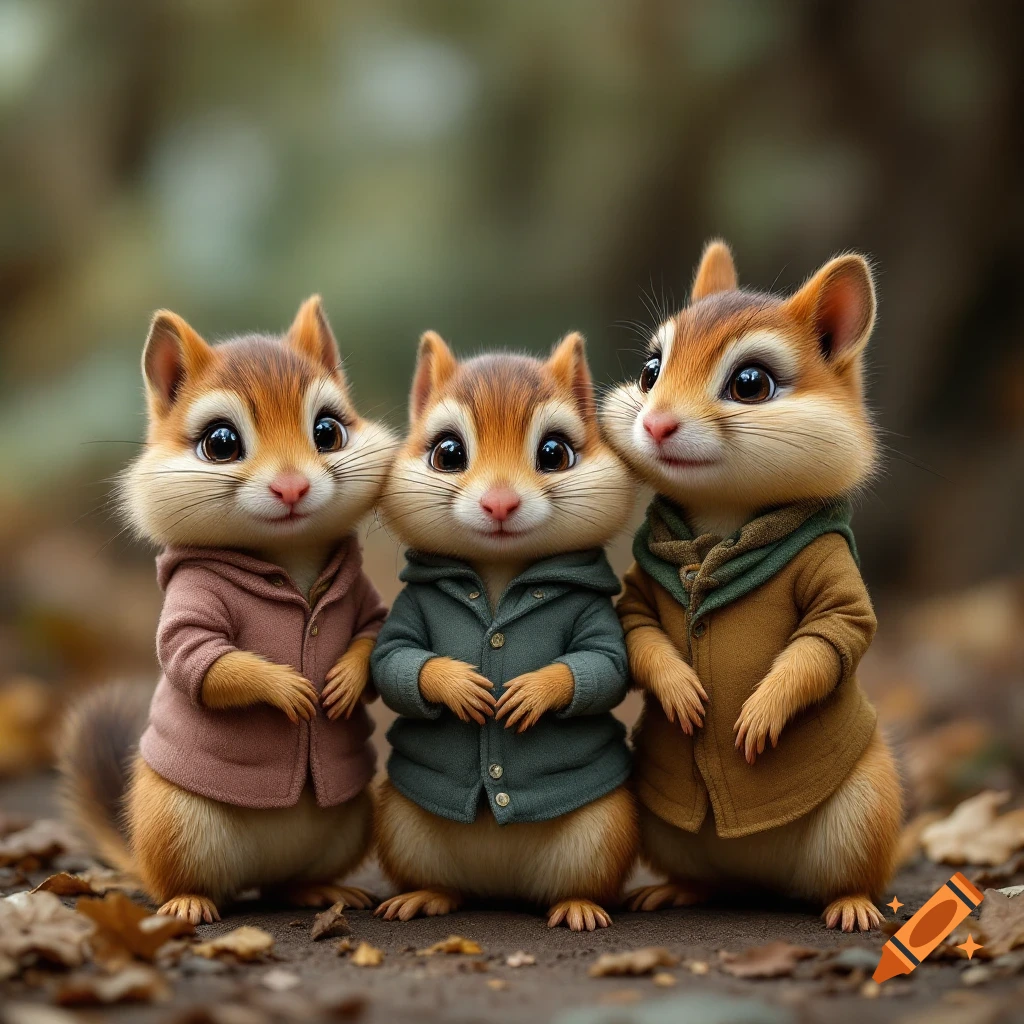 Three anthropomorphic chipmunks in jackets standing outdoors.