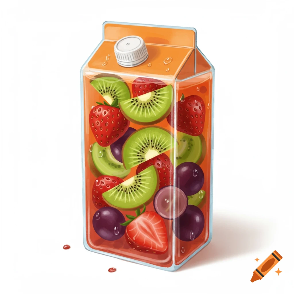 A juice box filled with strawberries, kiwi, and grapes.