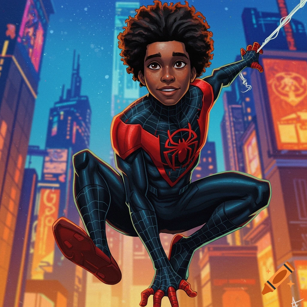 Miles Morales as Spider-Man web-slinging against a city skyline in a stylized animated art style.