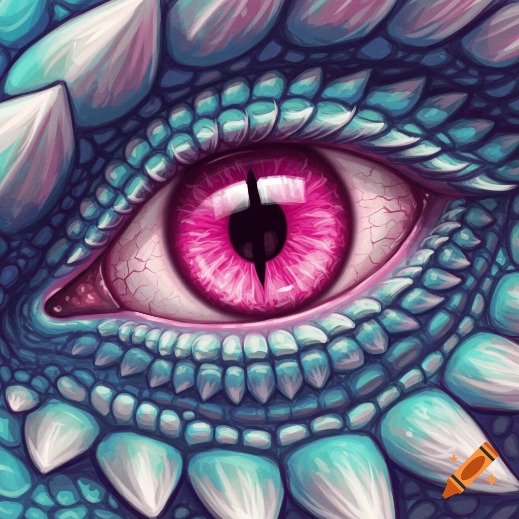 Close-up of a dragon's eye with a pink iris and blue and white scales.