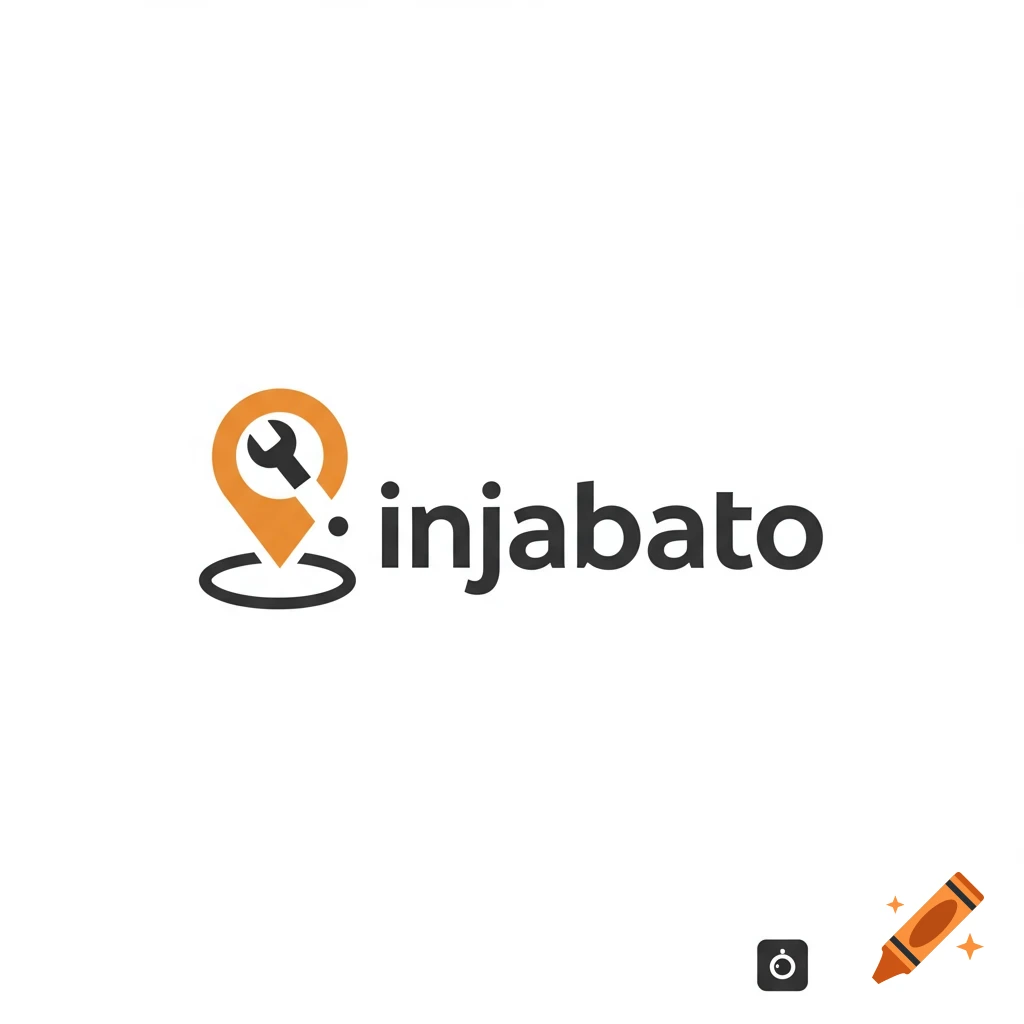 A minimalist logo with an orange location pin containing a black wrench next to the text "injabato".