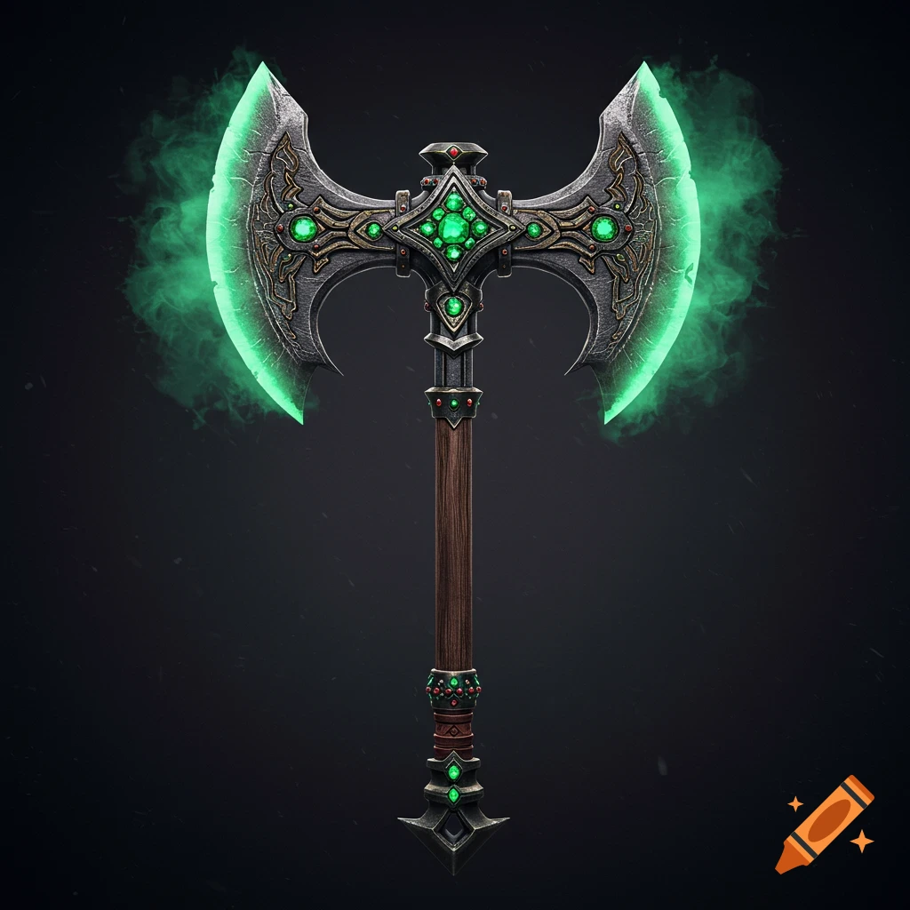 Detailed render of a fantasy double-bladed axe with glowing green mist and red and green gems.