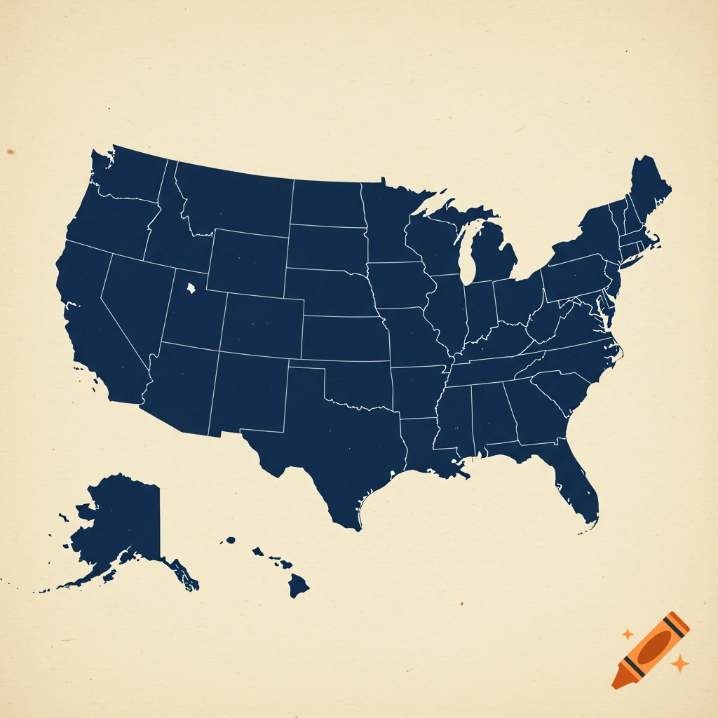 A dark blue map of the United States on a light beige background.