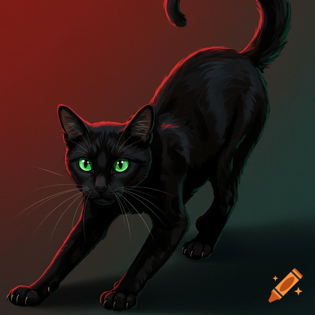 A black cat stretches in red and green light.