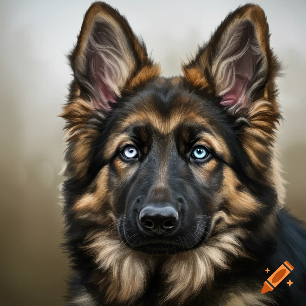 German Shepherd dog with one blue eye and one white eye.