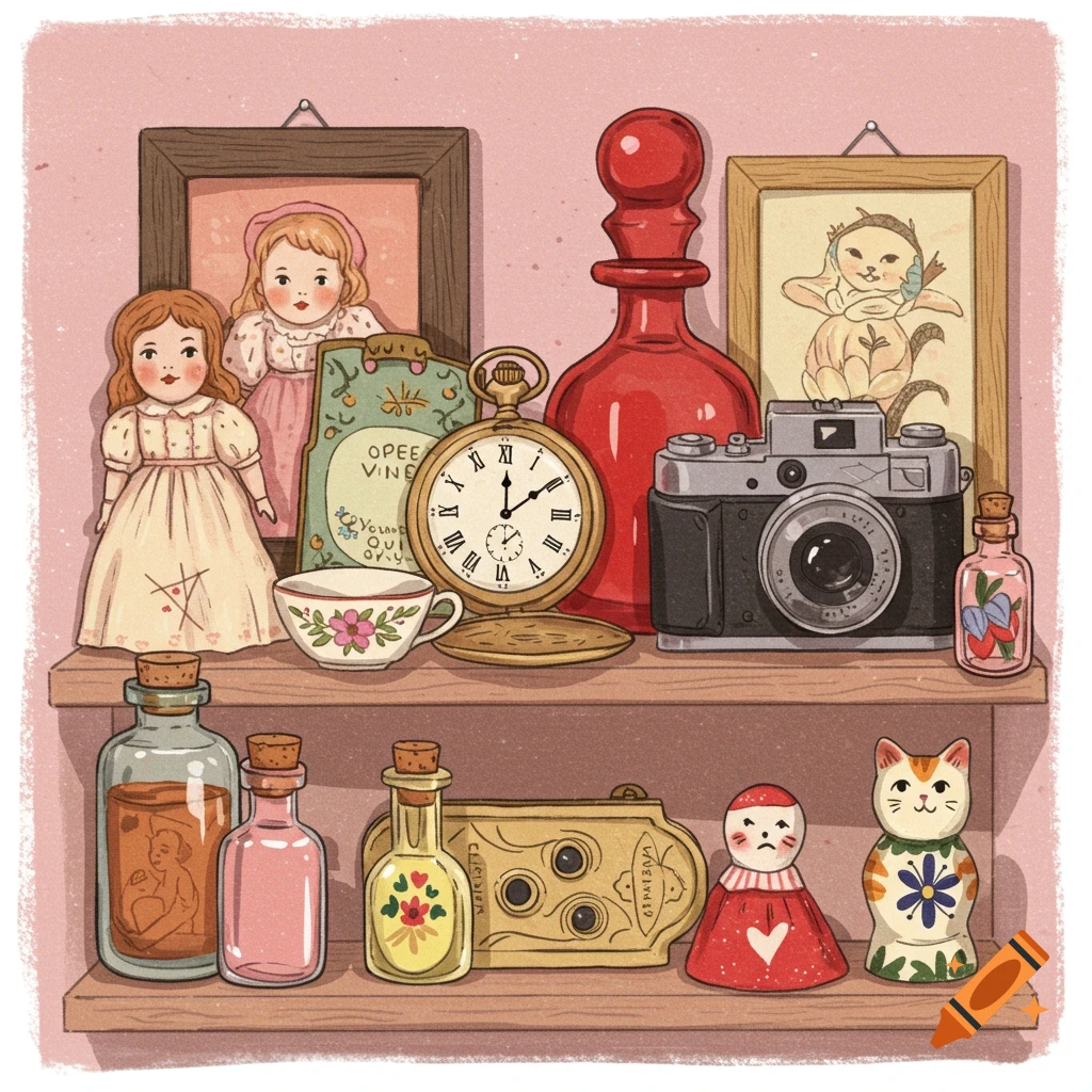Shelves filled with various knick-knacks, including dolls, bottles, a camera, and a pocket watch.