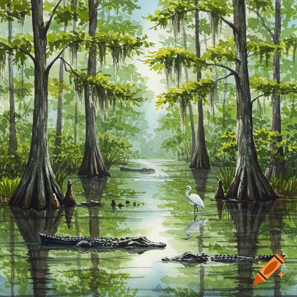 Watercolor painting of a swamp with cypress trees, alligators, and an egret